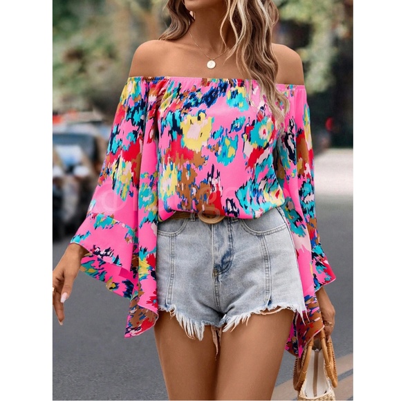 Pink Off Shoulder Abstract Print Flared Sleeve Shirt Top - Picture 3 of 8